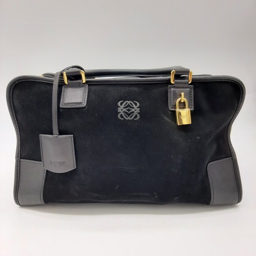 Loewe Amazona Satchel Bag Women Black Suede Leather Top Handle Gold Purse Lock