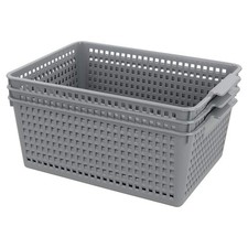 3-pack Large Plastic Storage Basket Bins, Grey Baskets for Organizing