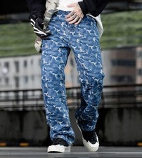 Men Blue Denim Jeans Straight Leg Printed Casual Pants Punk Hip Hop Trousers