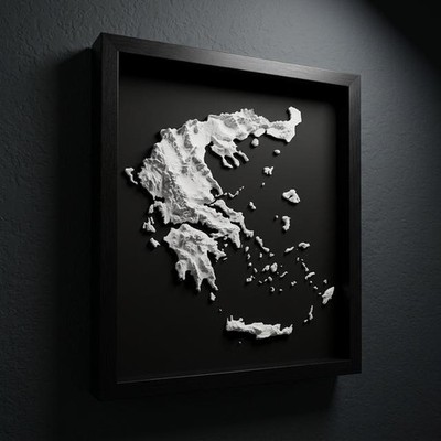 3D Greece Map Wall Art: Topography in Black Wood Frame