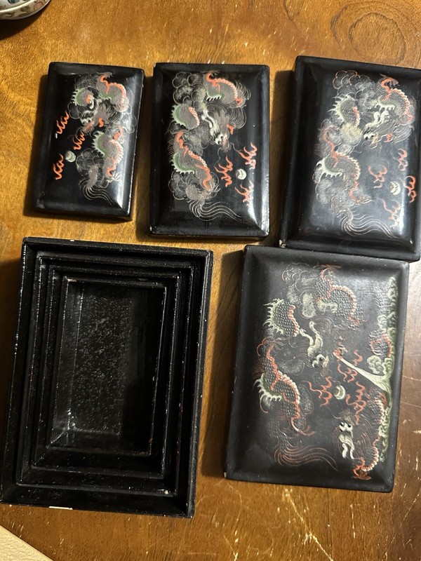 4 Vintage Chinese Japanese Very Lightweight Wooden Dragon Boxes Chips