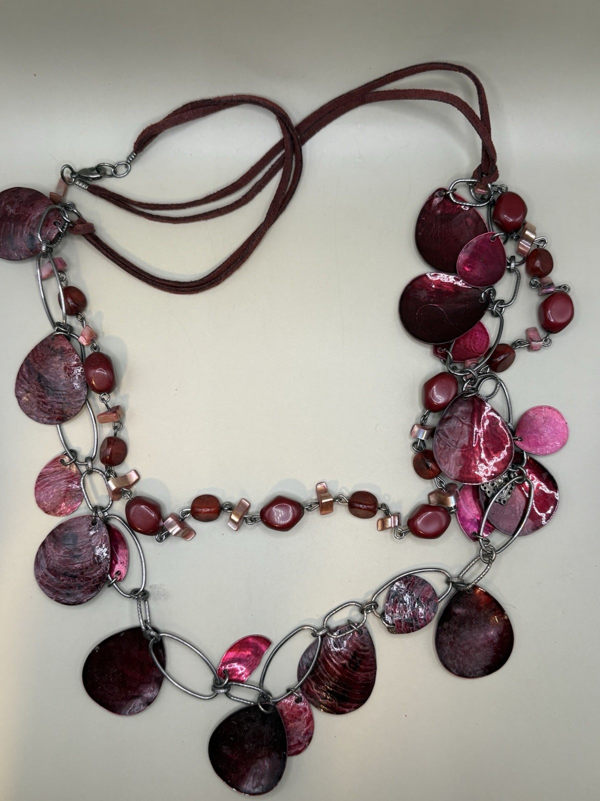 Statement Shell & Stone Bib Necklace – Burgundy R… - image 2