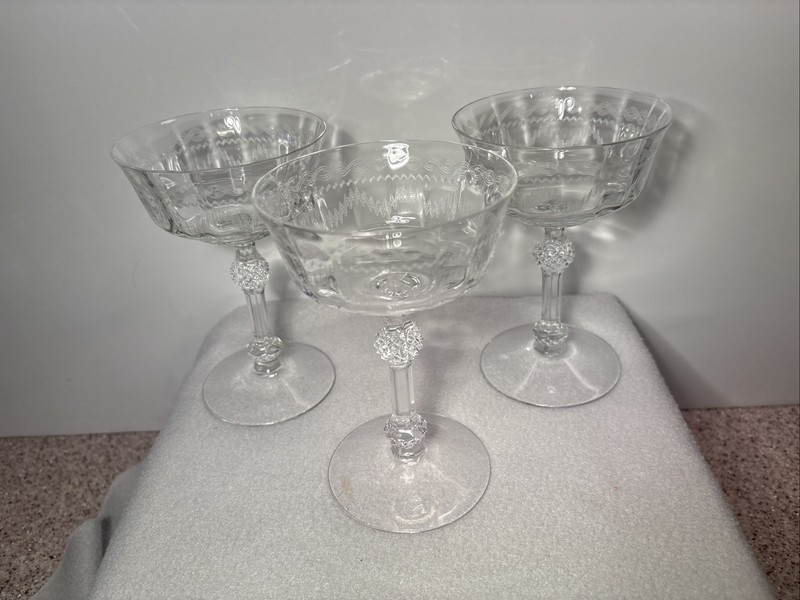 3 Fostoria Castle Geometric Needle Etch #87 Champagne Sherbets 1933 Crystal