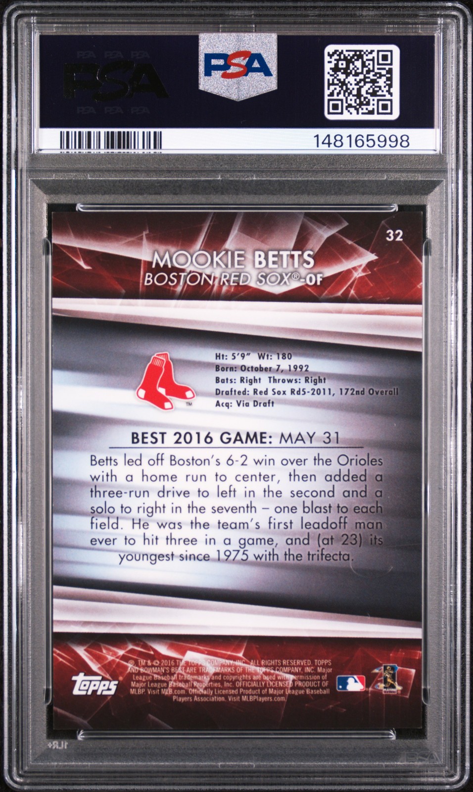 2016 BOWMAN'S BEST GOLD REFRACTOR #32 MOOKIE BETTS 39/50 PSA 8 view 2