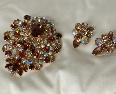 Vintage Austrian Topaz AB Rhinestone Pin Brooch Earring Set SCHOFFEL?