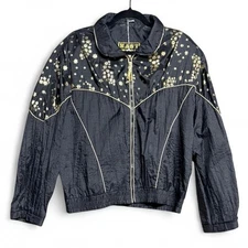 ✨80’s East West Black & Gold Glittery Star Patterned Zip-Up Windbreaker Jacket✨