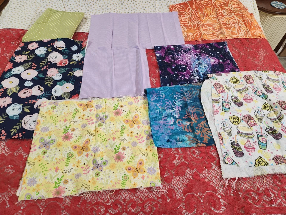 Lote de chatarra de tela púrpura cielo verde amarillo algodón y franela puntos florales mariposa Foto 2 de 4