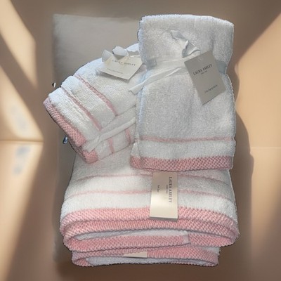 LAURA ASHLEY 6pc TOWEL SET PINK & WHITE BATH, HAND, TIP 100% COTTON New