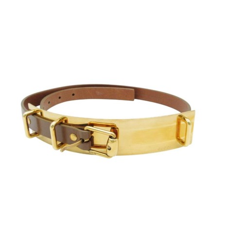Used GUCCI Gucci Belt Metal Plate Leather Gold Buckle Logo Luxury Brown 80