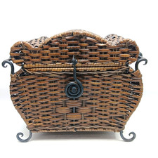 Vintage Brown Woven Wicker basket with wrought iron handles