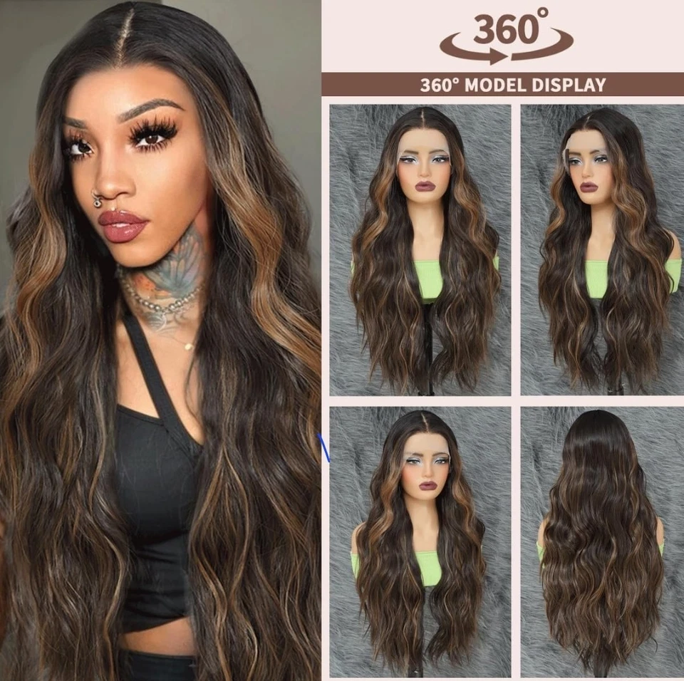 HD Lace Front Wig Human Hair Blend Highlights  Straight Honey BROWN Blonde - Image 2 of 4