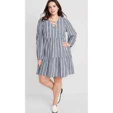 Old Navy 90's Blue Striped Lace Up Tiered Long Sleeve Swing Dress Size Large