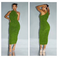 PrettyLittleThing Green Glitter Plisse Ruched One Shoulder Midi Dress Size 12 