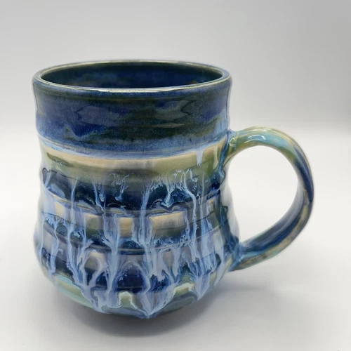 Studio Art Pottery Coffee Drip Glaze Mug Light Blue & Green - MPK Stamped