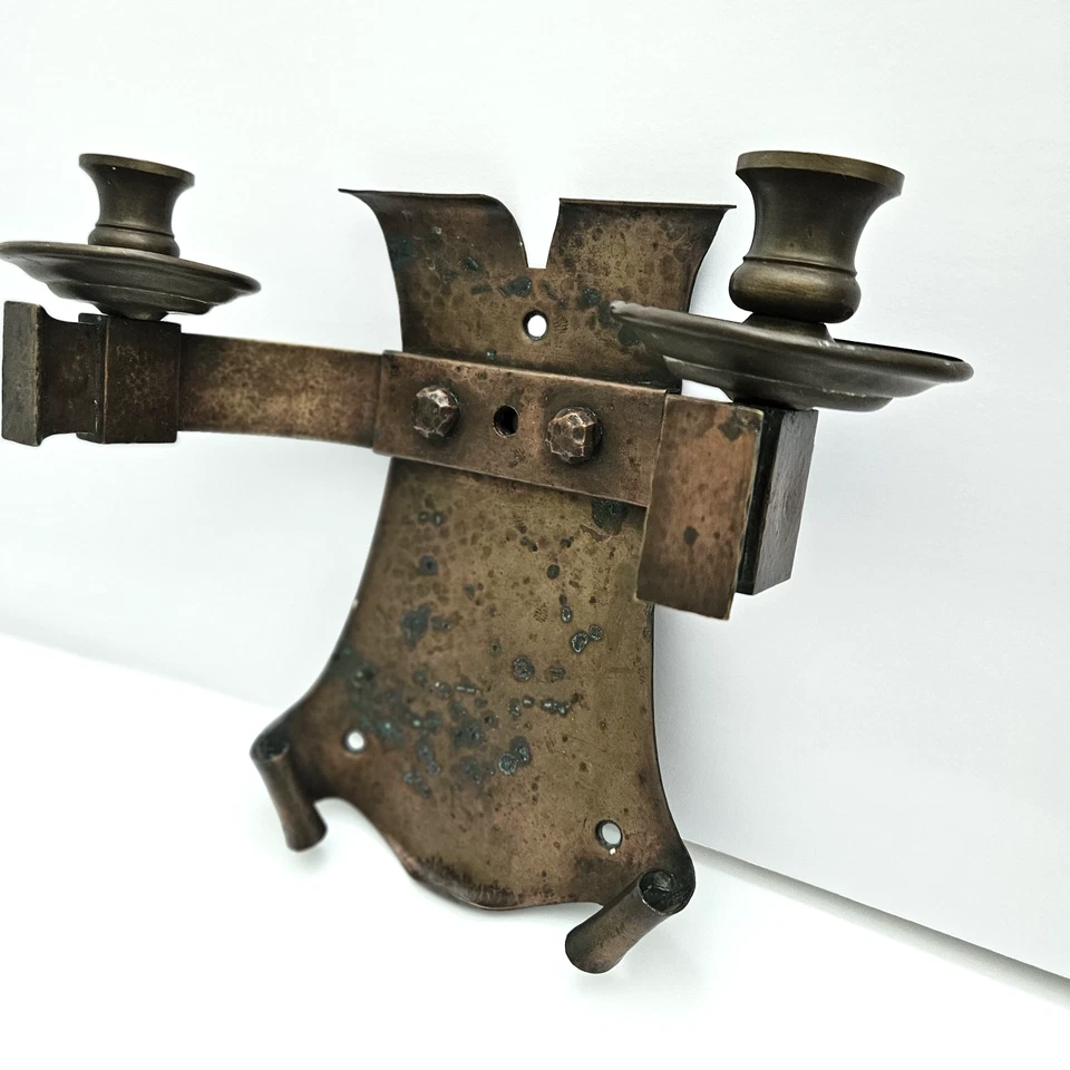 VTG Hand Hammered Arts  & Crafts Copper Brass Wall Sconce Double Candleholder - Image 2 of 4
