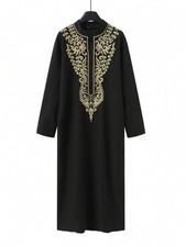 Men Islamic Thobe Embroidered Luxury Sleeve Muslim Robe Kaftan Eid Wear