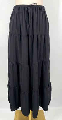 Bershka womens size L Tiered Maxi Skirt Black drawstring solid pull on long
