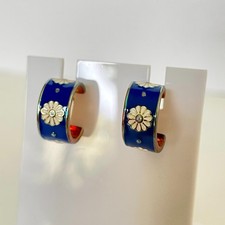 FZN 925 Sterling Silver Blue Enamel Daisy Huggie Hoop Earrings Floral 5/8"