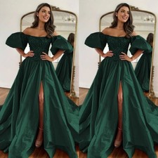 Dark Green Satin Prom Dress Off Shoulder Puff Sleeves Slit Formal Evening Gown