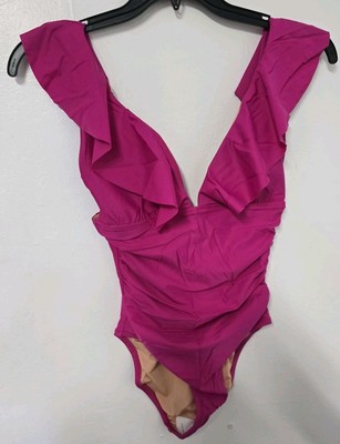 J.Crem Ruched Ruffle One Piece Swimsuit Fucsia Size 6 BP222