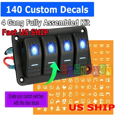 4 Gang Blue LED Waterproof Rocker Switch Panel Breakers Car Marine Boat RV 12V