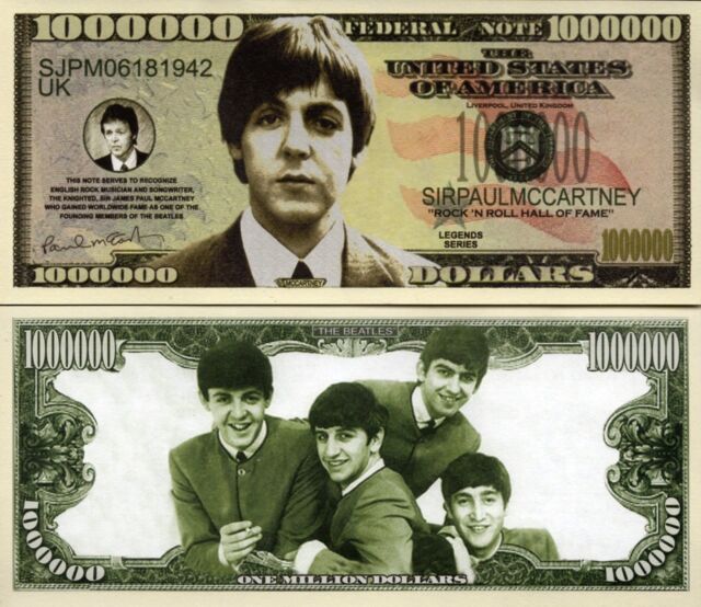 new Paul McCartney of Beatles Million Dollar Bill Funny Money Note FREE SLEEVE