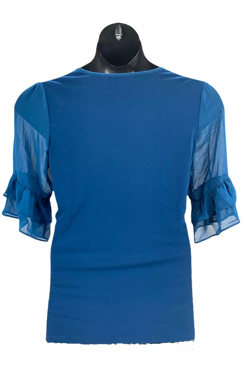 Susan Graver Liquid Knit Top with Sheer Chiffon Sleeves Cosmic Blue