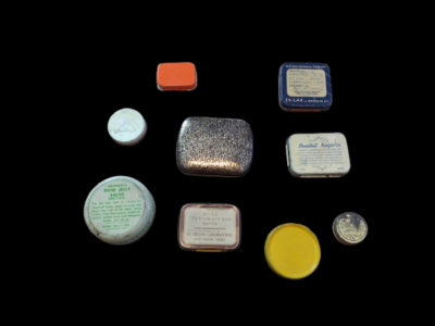 Sample Sized Advertising Tin Lot (9) Snuff Aspirin Salve Watch Parts  Cigarette