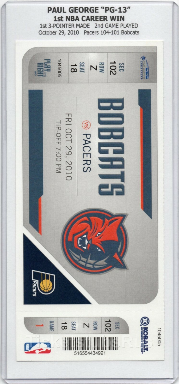 Paul George 1st NBA WIN 3P #1 ROOKIE DEBUT 2010 Pacers Bobcats 10/29 Full Ticket