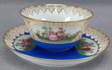 Late 19th Century Sevres Style Courting Couple Blue  Gold Tea Cup  Saucer A