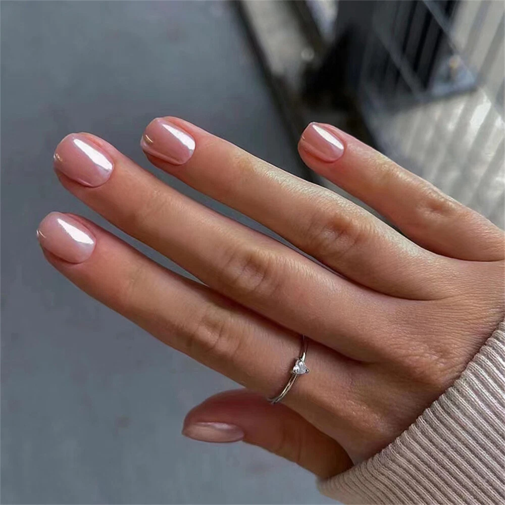 Glossy Aurora Pink False Nail Square Short Press on Nails for Nail