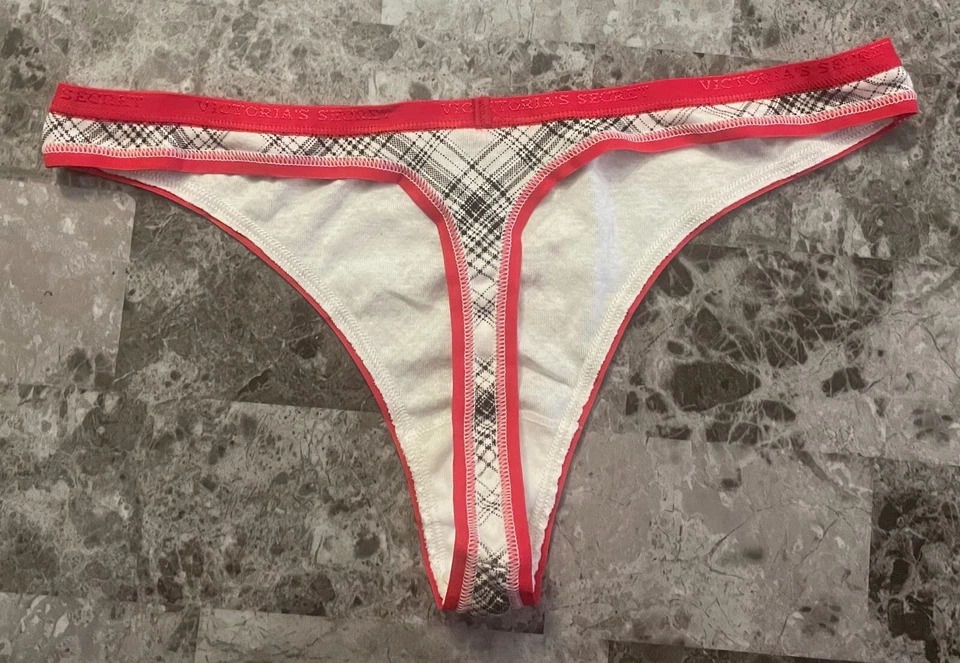 BRAGAS TANGA NUEVAS SIN ETIQUETAS VICTORIA'S SECRET XL ROJAS NEGRAS A CUADROS 100% ALGODÓN RARAS DE COLECCIÓN Foto 3 de 3