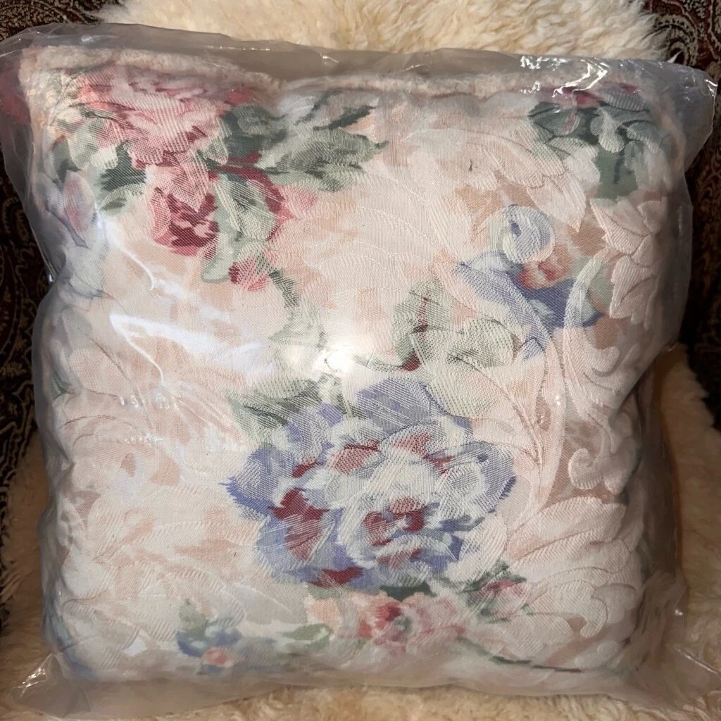NOS Vintage Sure Fit Products Floral Beige Cotton Fringe Square Throw Pillow USA