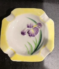 Ceramic Ashtray Purple Iris Hand Painted Occupied Japan 3” Vintage