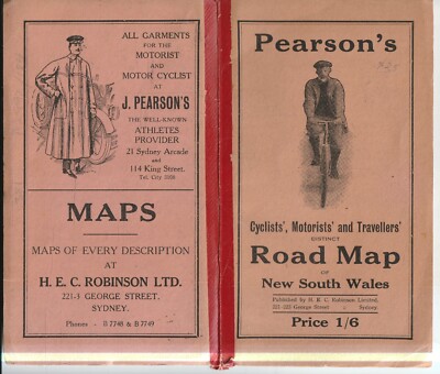 CYCLING ,PEARSON'S CYCLISTS , MOTORISTS AND TRAVELLERS ROAD MAP OF NSW c1910