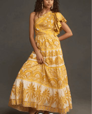 NWT Farm Rio Ainika Tapestry Yellow One Shoulder Maxi Dress Seashell Size Small