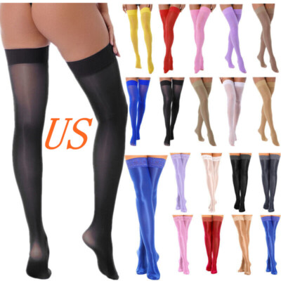 Women's Sheer Silk Stockings Glossy Over the Knee Socks Pantyhose Clubwear