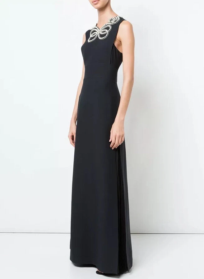 FENDI Double Bow Beaded Pearl Black Silk Wool Sleeveless V Back Gown Dress 6 - Image 2 of 4