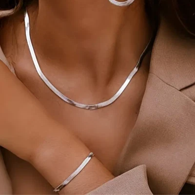 Schmuckset Damen 925 Sterlingsilber Schlangenkette + Armband flach glänzend - Bild 1 von 4