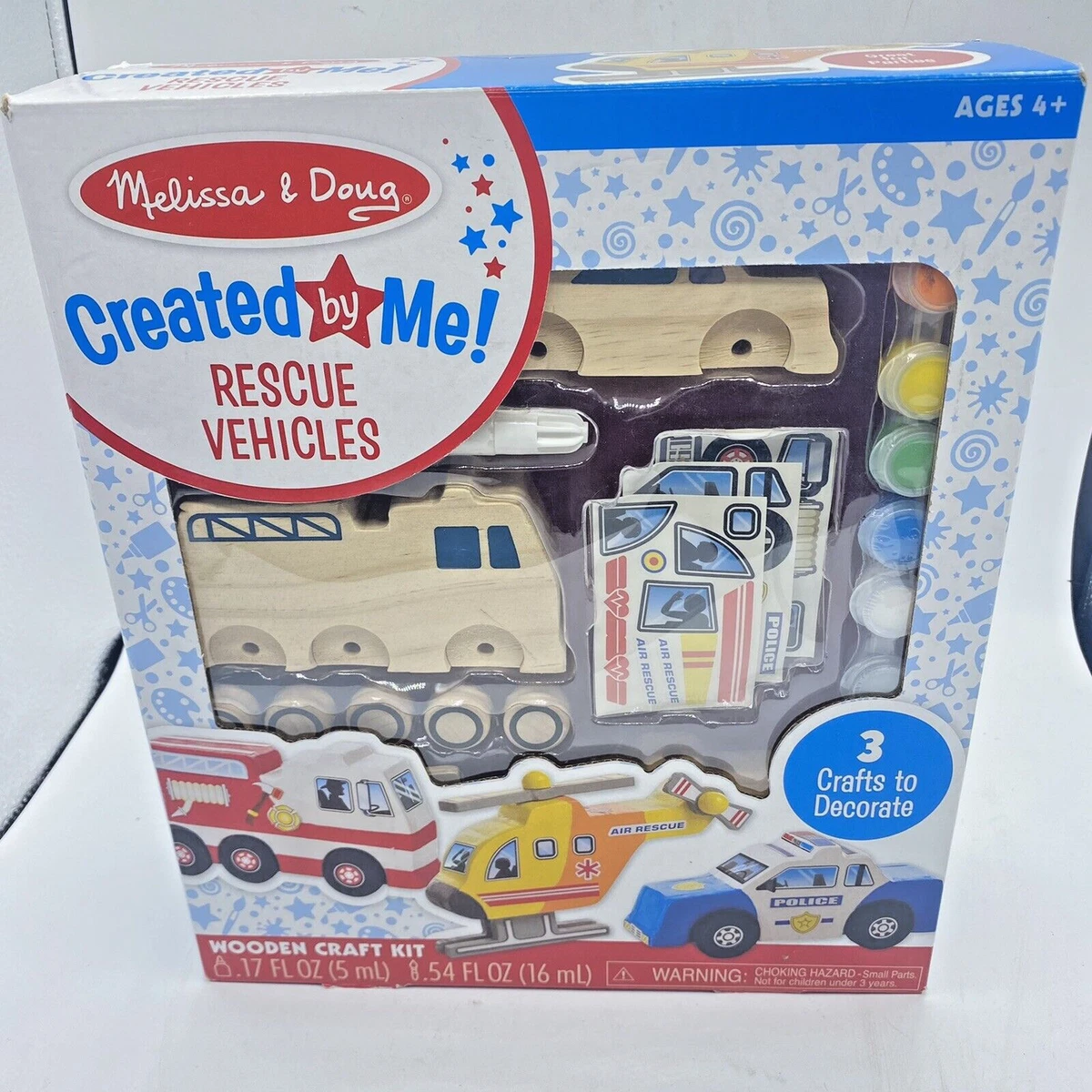 NEW Melissa & Doug Created By Me Rescue Vehicles Wooden Craft Kit DIY 3  Crafts