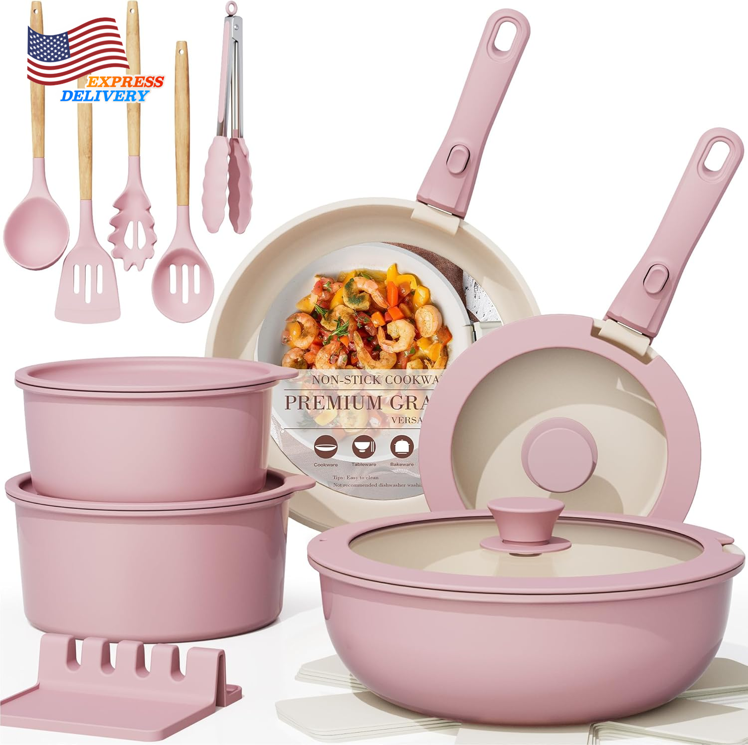 21-Piece Nonstick Ceramic Cookware Set with Detachable Handles – New in USA