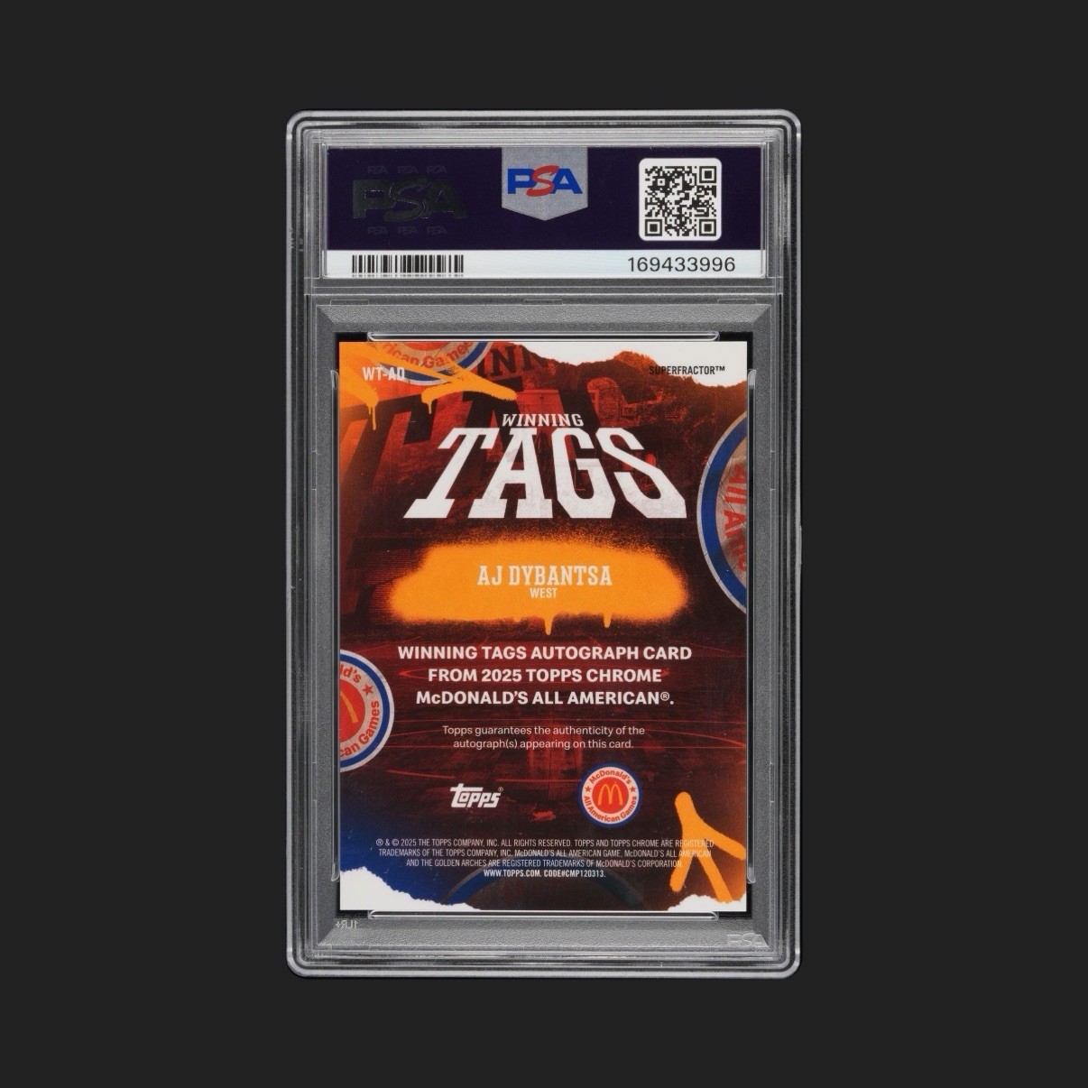 AJ Dybantsa Topps Chrome McDonalds All American SuperFractor 1/1 Auto PSA 10 view 2