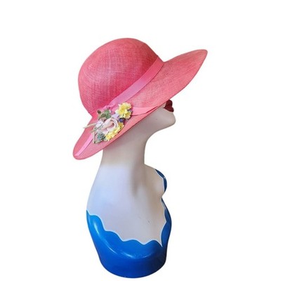 Vintage 90s Herbert Johnson Hat Pink Straw Wide Brim Floral Summer Sunhat