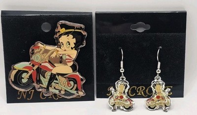 Vintage NJ Croce Betty Boop '' Biker Betty'' Enamel Pin & Matching Earings