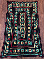 Crochet Multicolor Afghan Handmade Dark Green Fringed Trim 44"x74  Throw Blanket