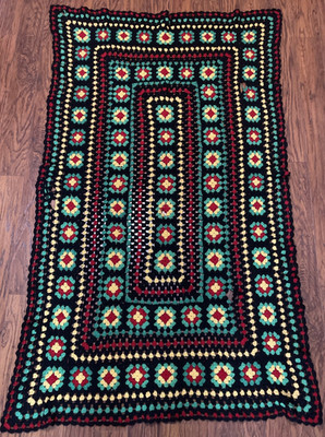 Crochet Multicolor Afghan Handmade Dark Green Fringed Trim 44''x74  Throw Blanket