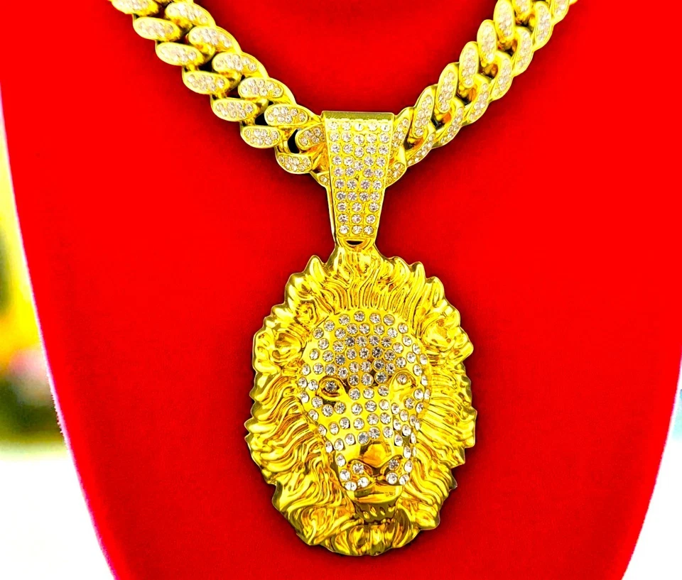 Позолоченный кулон с головой льва и кубинская цепочка со льдом 20 дюймов — унисекс хип-хоп блестящий гриф - Изображение 2 из 4