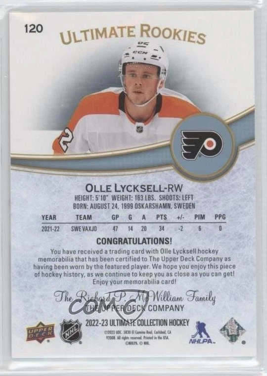 2022 Upper Deck Ultimate Collection Rookies Jersey /799 Olle Lycksell Rookie RC - Image 2 of 2