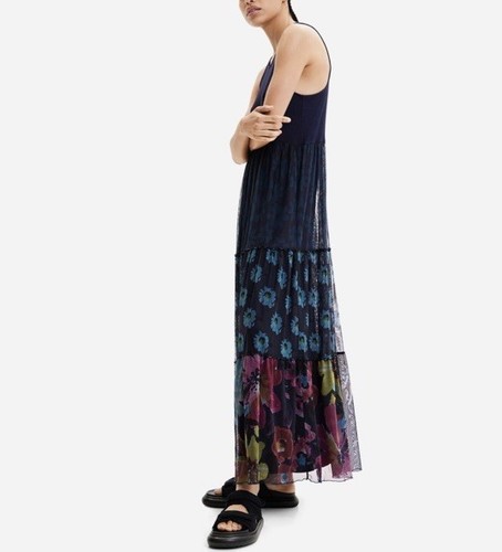 Desigual DUDAS Maxi Dress Tiered Ruffle Women Large Tank Ribbed Floral - Picture 14 of 15