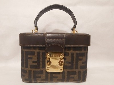 Authentic FENDI Zucca Canvas Leather  Vanity Bag Brown Black 914931 Used
